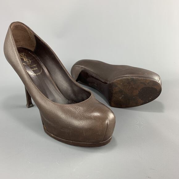 YVES SAINT LAURENT Size 6.5 Brown Leather TRIBUTE Platform Pumps - Picture 3 of 6